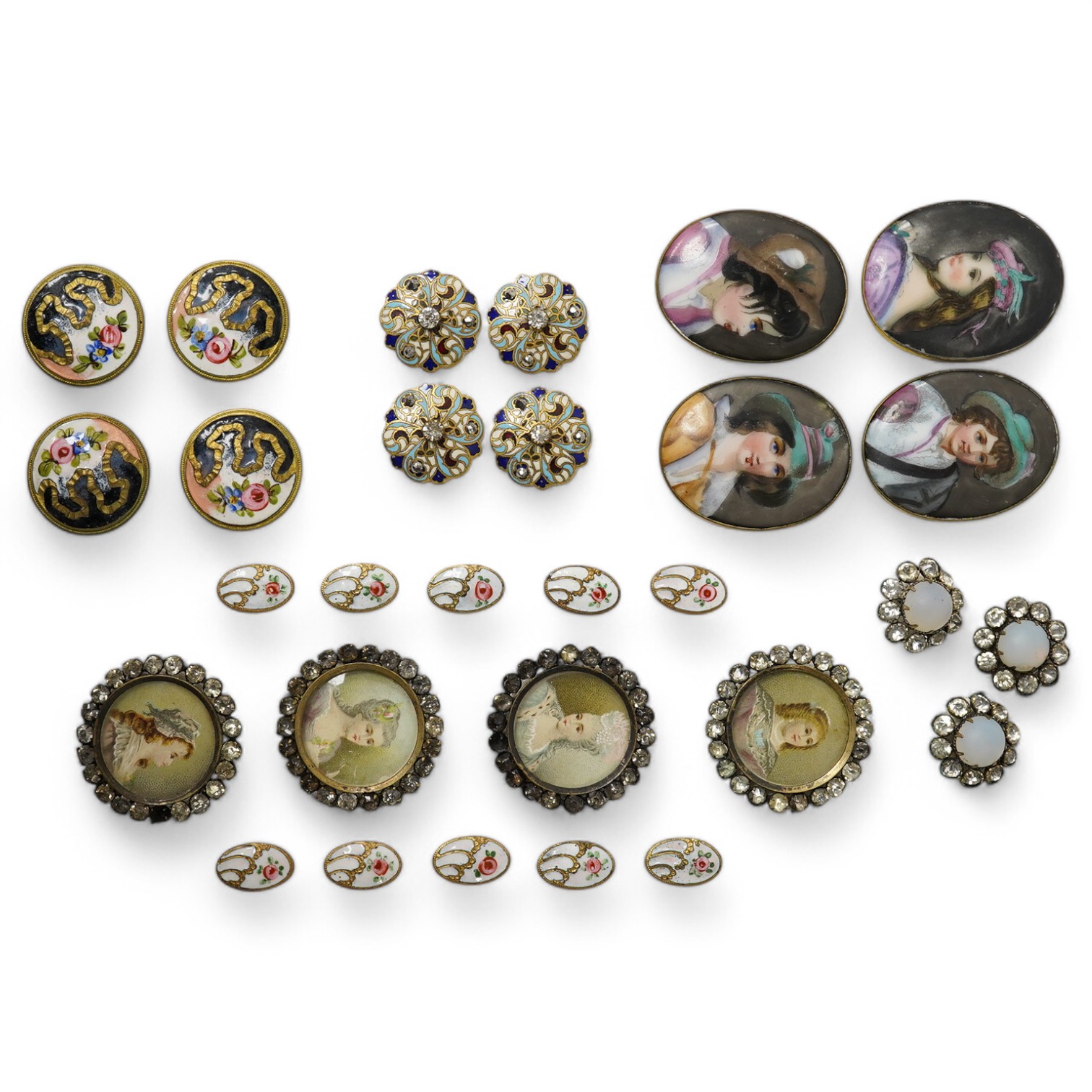 A collection of 29 assorted decorative buttons, circa 1900, largest 36mm;, Condition - the paste buttons inset with prints of 18th century ladies are tarnished and some paste is missing